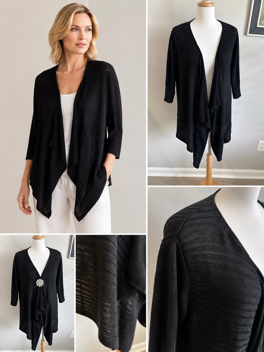 Eileen Fisher Silk Linen Waterfall Cardigan Black S NWOT